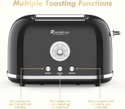 2 Slice Retro Cute Bread Toaster With Removable Crumb Tray