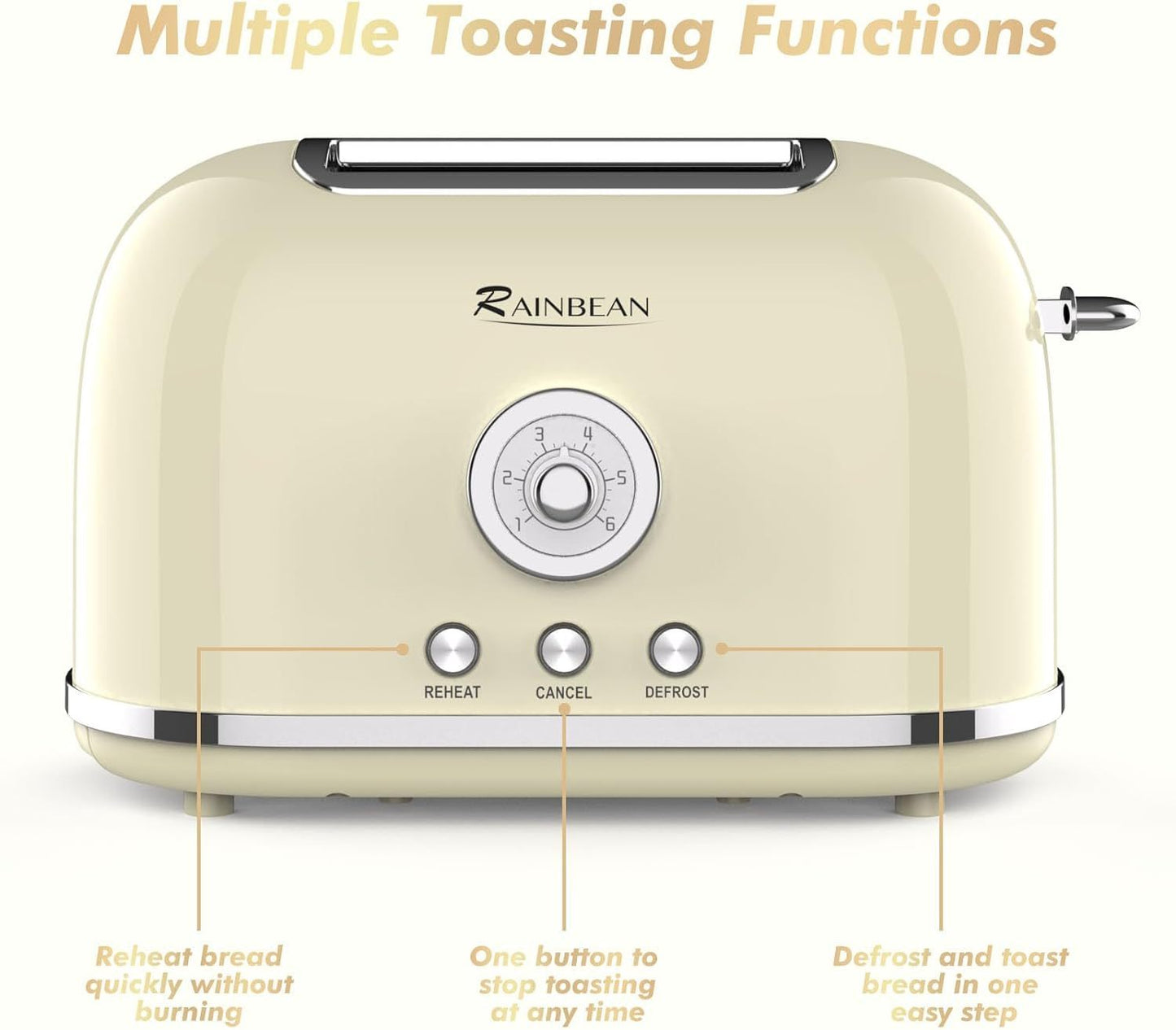 2 Slice Retro Cute Bread Toaster With Removable Crumb Tray